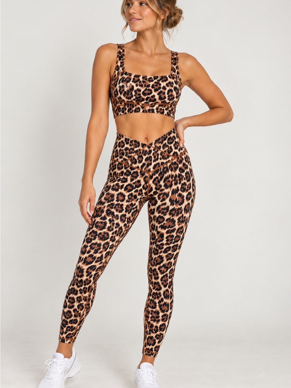 Leopard Print High-Waist Leggings and Sports Bra Set - Leopard